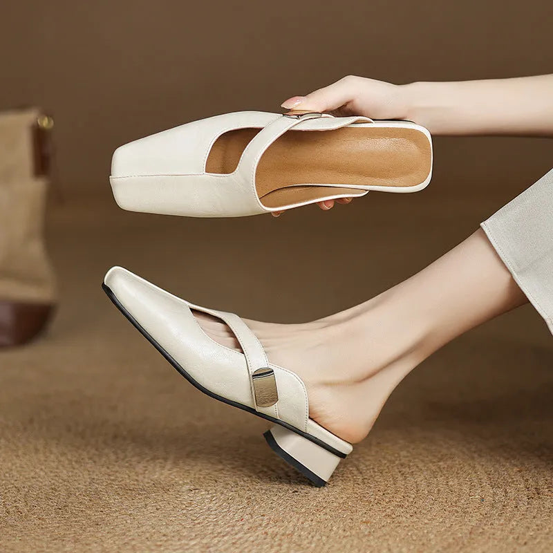 Square toe low heel outdoor slippers in black, beige, or silver colours.