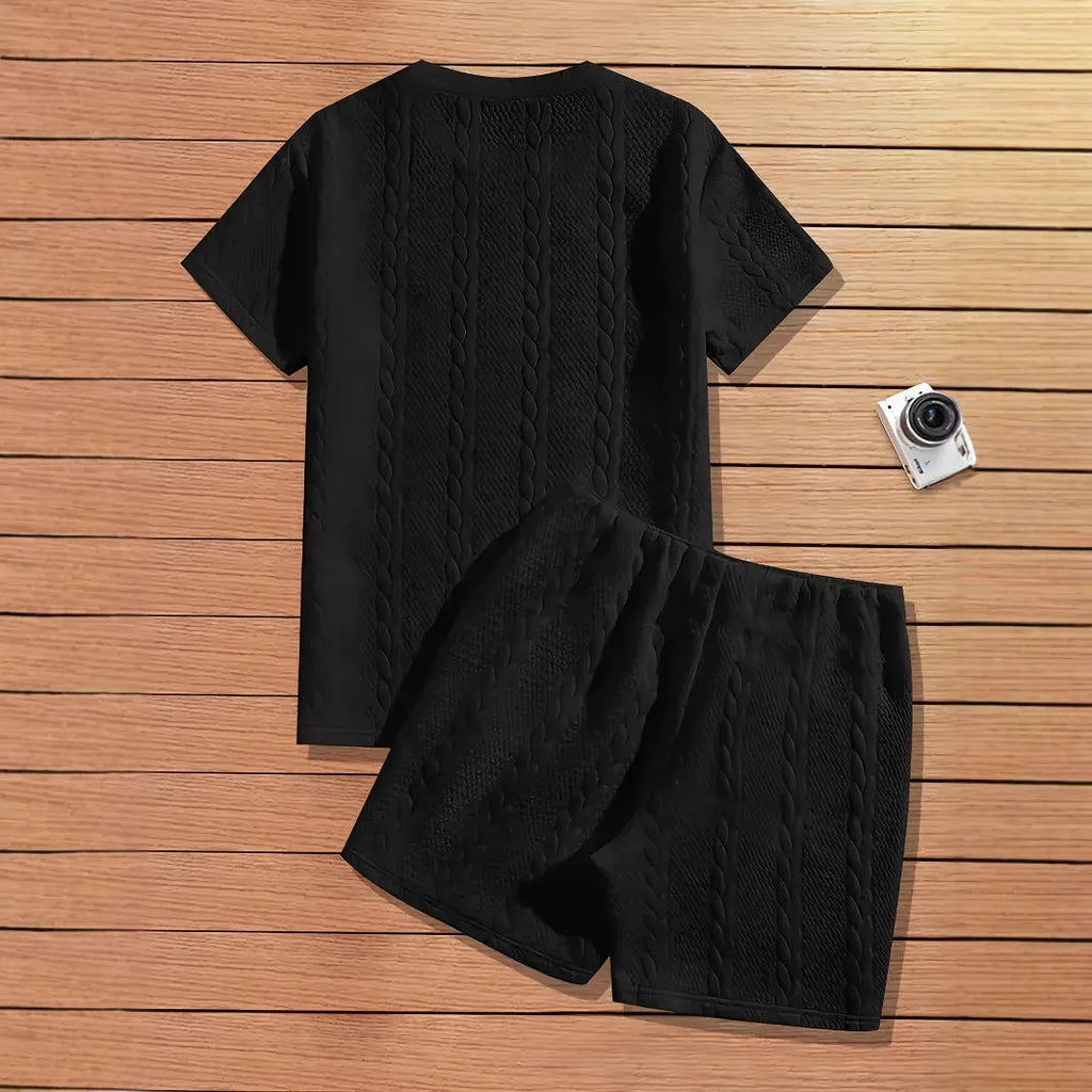 Men's black solid colour patch design short sleeve T-shirt and shorts two-piece sports set