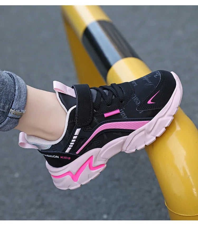 Waterproof leather girls casual sneaker with MD sole, pink leather surface and white letter pattern