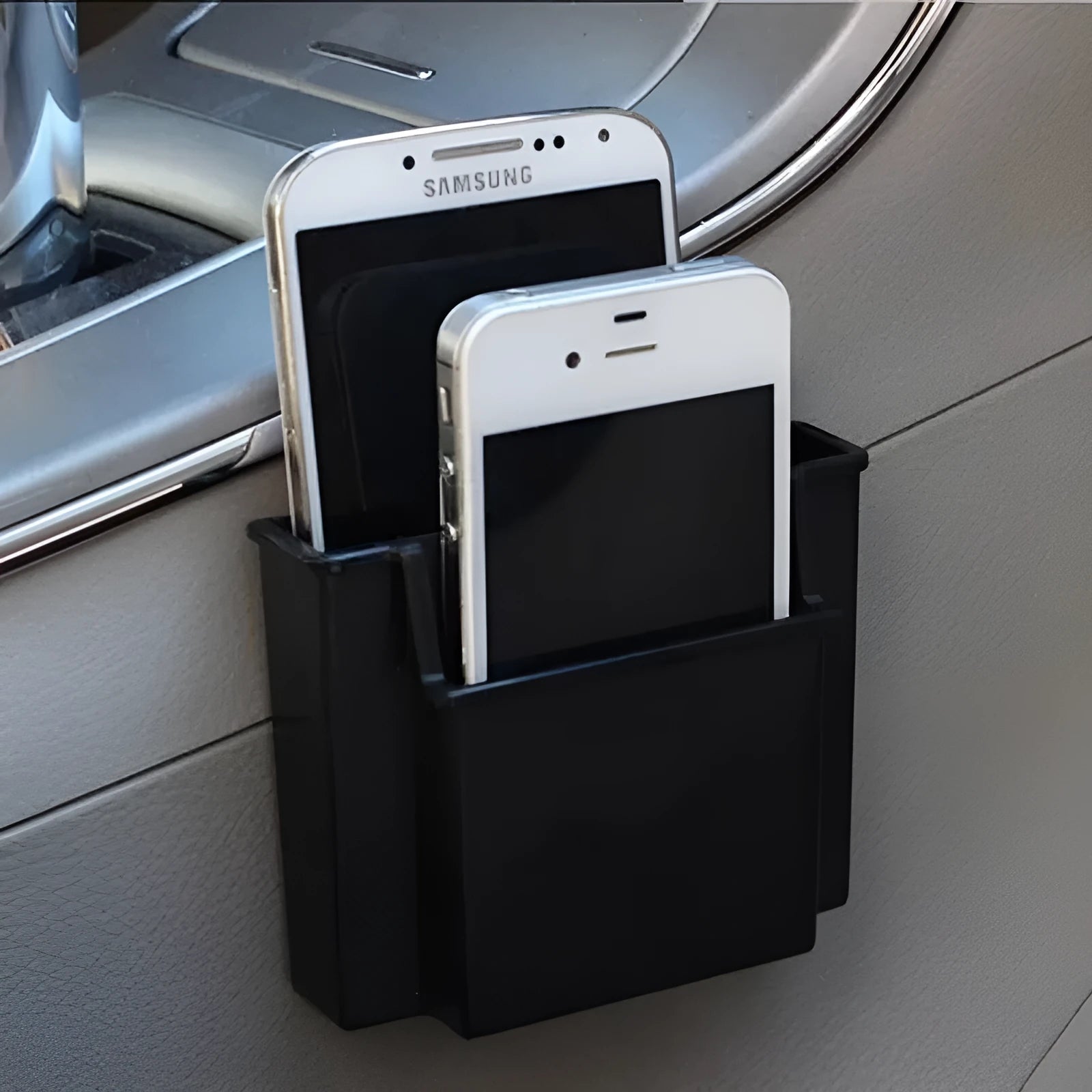 Black ABS car vent mobile phone storage box with card holder slot and adhesive sticker mounts