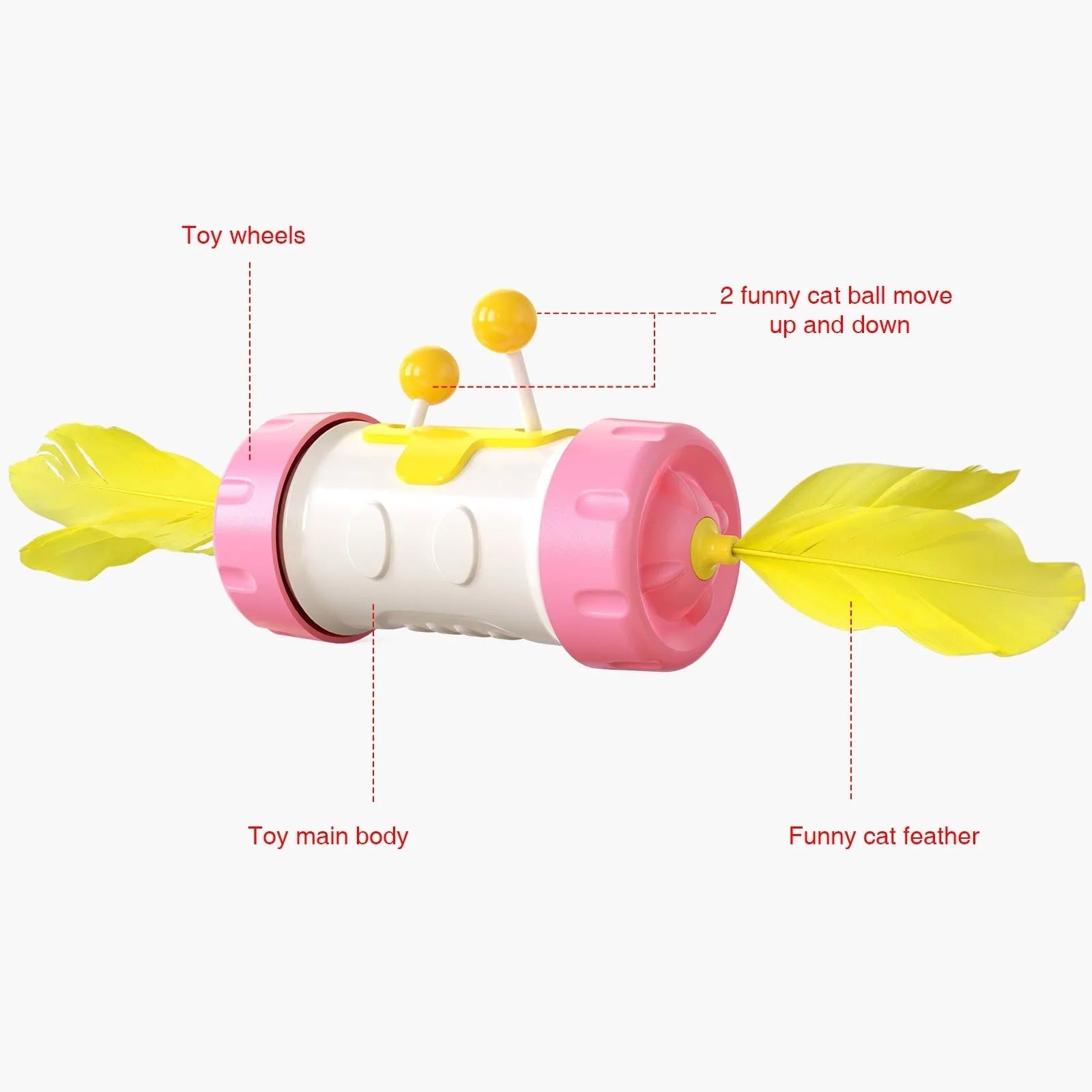 Interactive cat toy with feather ball on stick and separate balance tumbler in multiple colour options