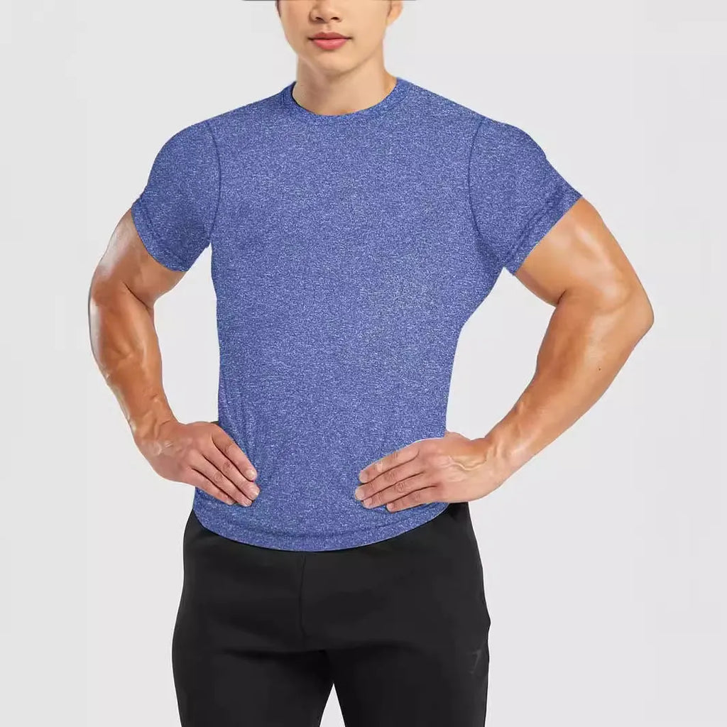 Men's quick-dry round neck short-sleeved T-shirt with polka dot pattern in blue, slim fit polyester fabric