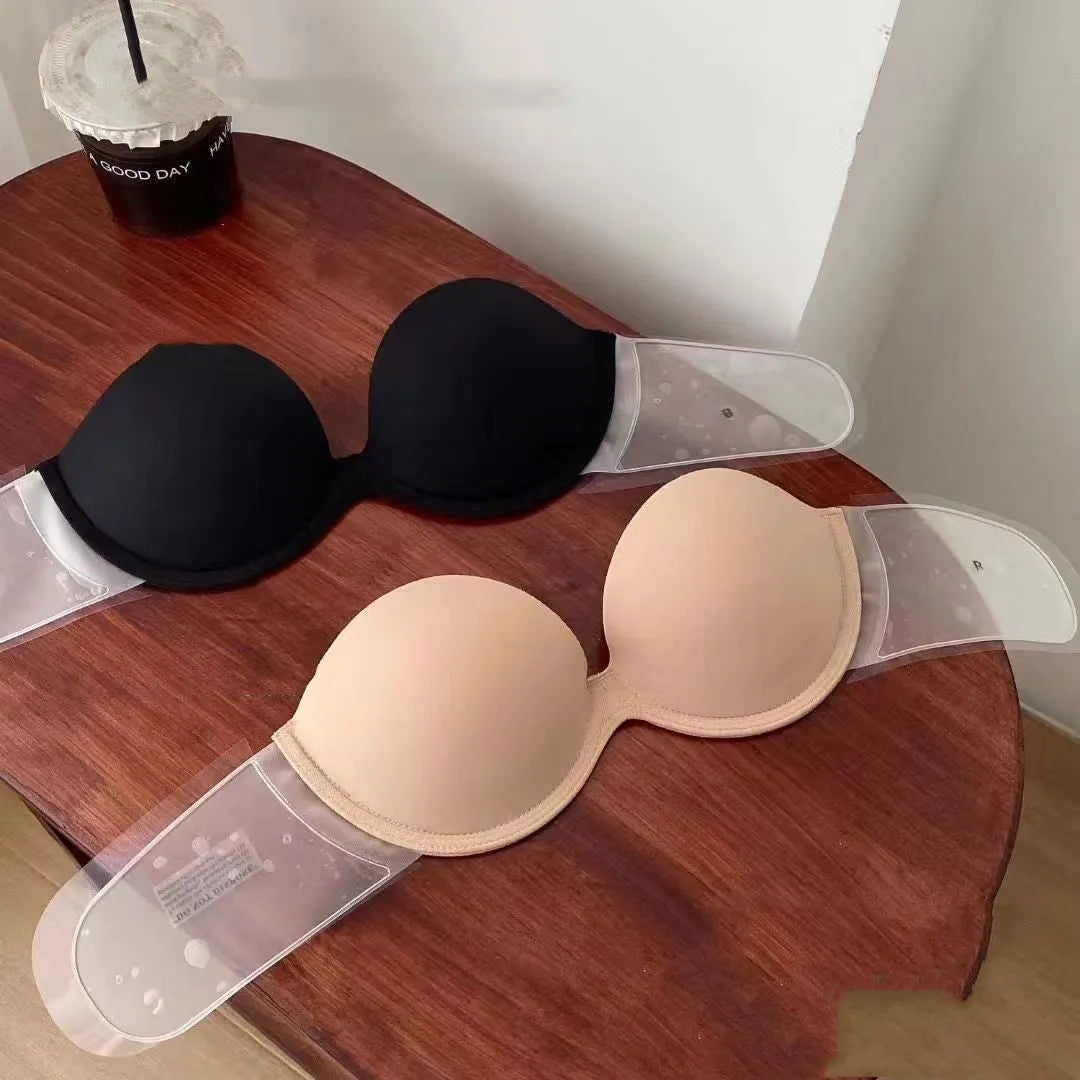 Strapless adhesive push up bra in skin colour with cotton lined mould cup and steel ring