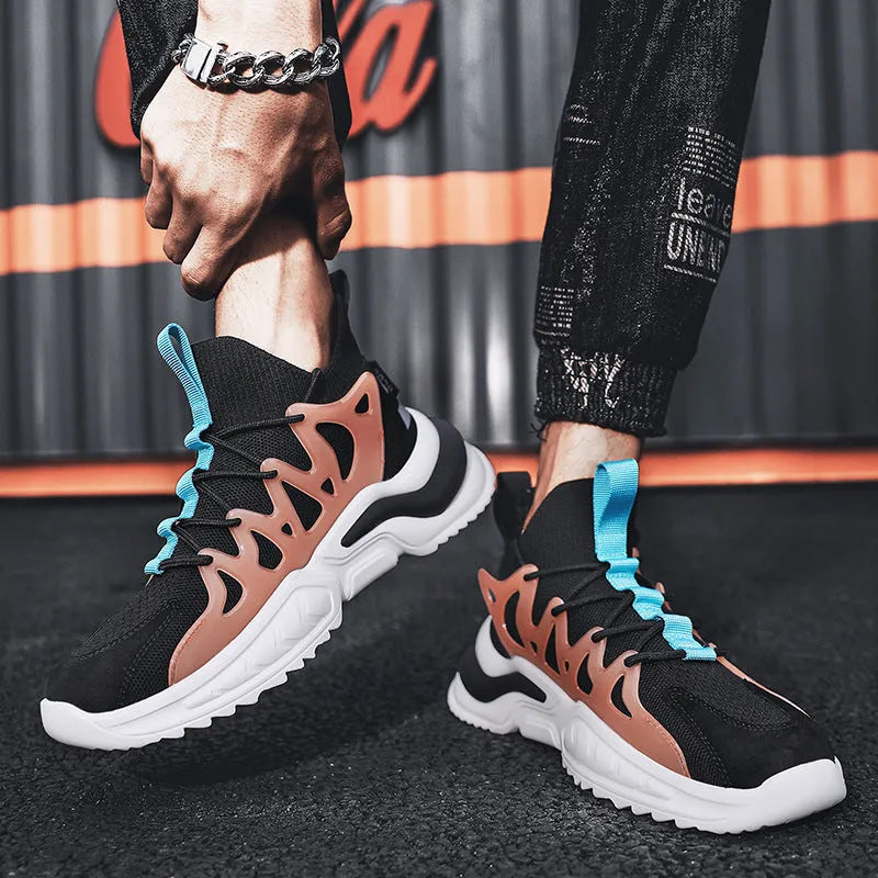Men's black mesh athletic running shoes with thick EVA sole and lace-up closure