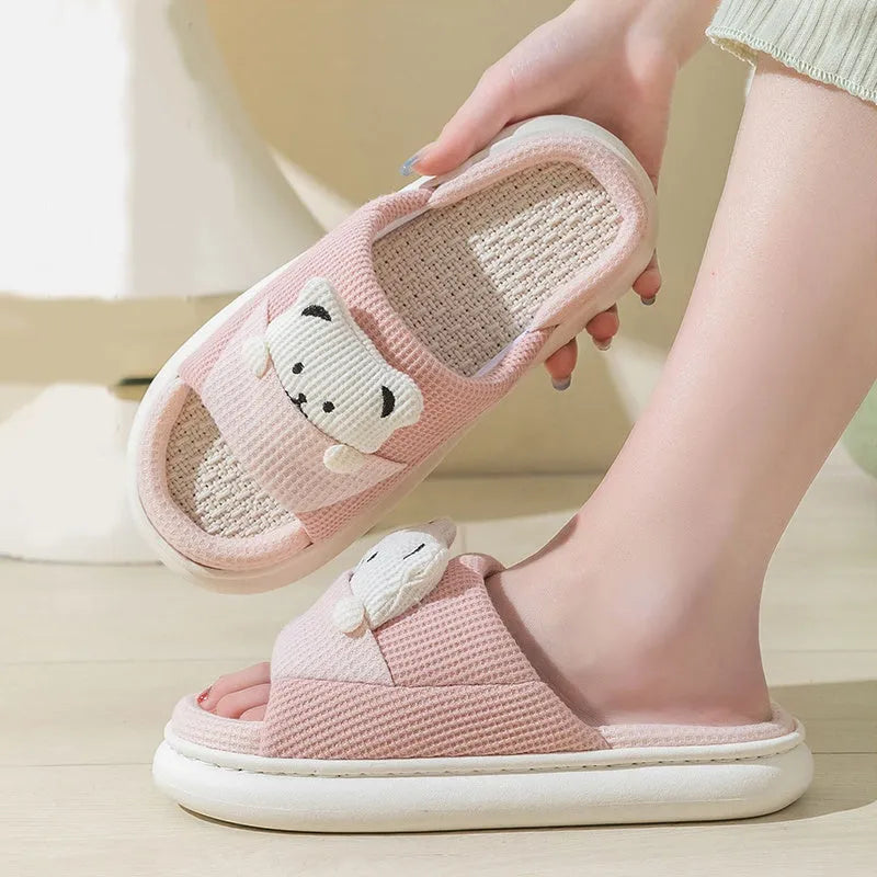 Cute cartoon bear design thick-soled linen slippers for women in blue, green, pink options