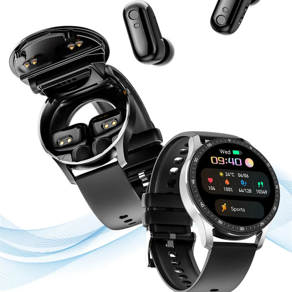 X7 black smartwatch with large screen and detachable TWS Bluetooth earbuds on a wrist.