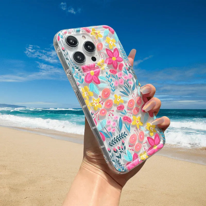 Transparent TPU phone case with bright colourful flower print and airbag corners for Apple iPhone