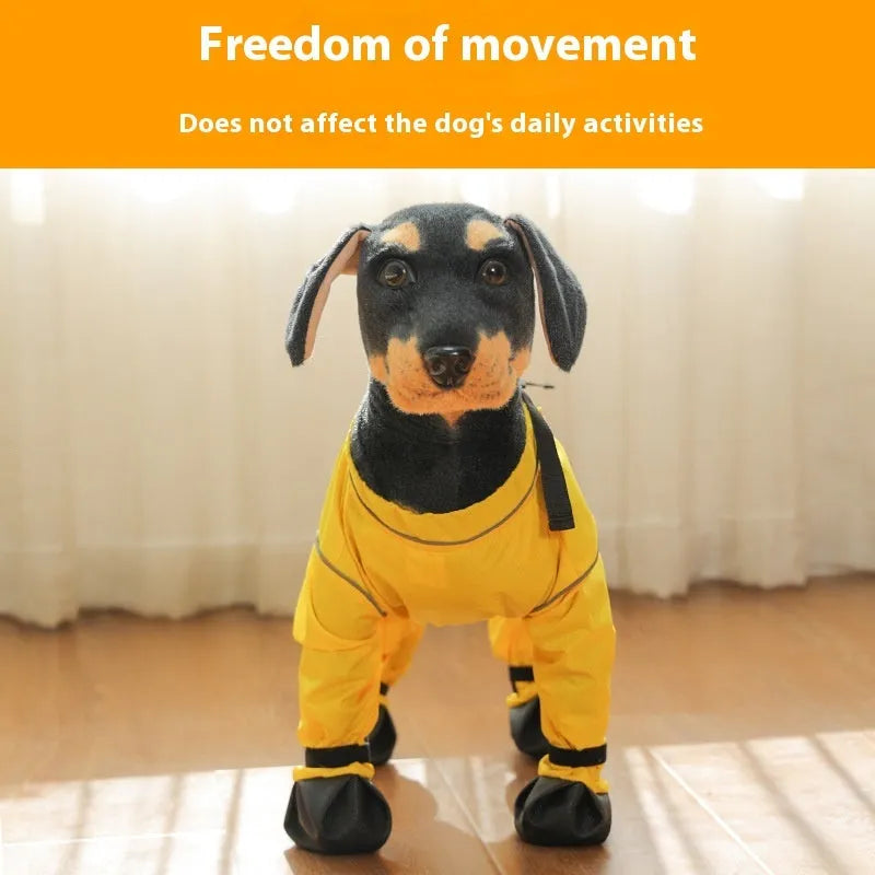 Pet anti-dirty pants dog shoe cover in blue polyester, side view, casual style for outdoor use