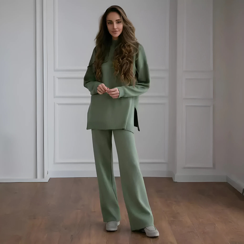 Women's knit sweater suit with turtleneck top and trousers in solid colour, available in green, pink, apricot, white, black