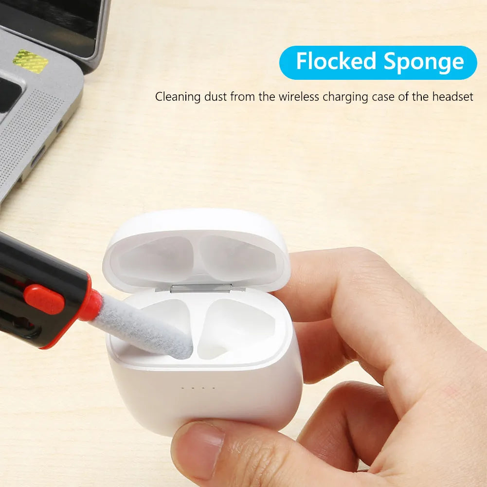AirPods Pro cleaning kit with multiple heads including flocking sponge and metal nib on white background