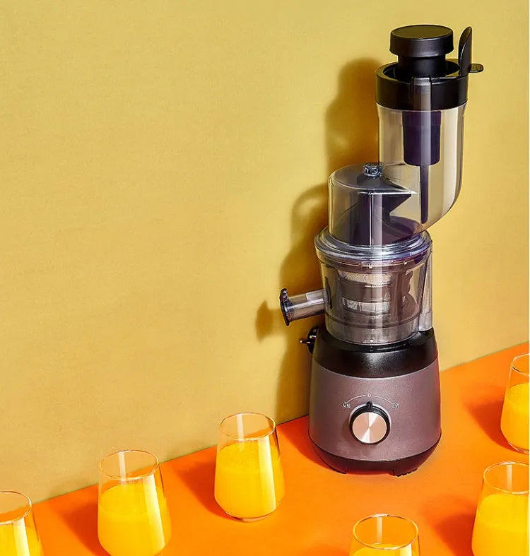 Grey juicing machine with multi-function separator, 90mm caliber, 600ml juice cup, slow 59 rpm extraction, US plug