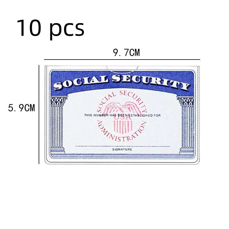 Clear PVC waterproof cover holding a social security card, showing dimensions of 9.7cm by 5.9cm.
