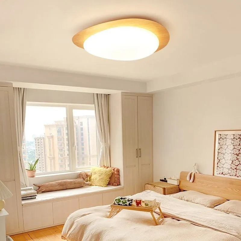 New Chinese style ceiling lamp with a wood-toned iron frame and white acrylic shade.