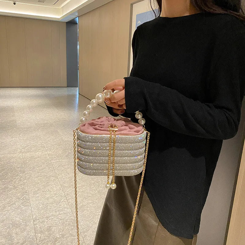 Women's round retro crossbody bag with pearl beading in soft PU material, shown in multiple colours.