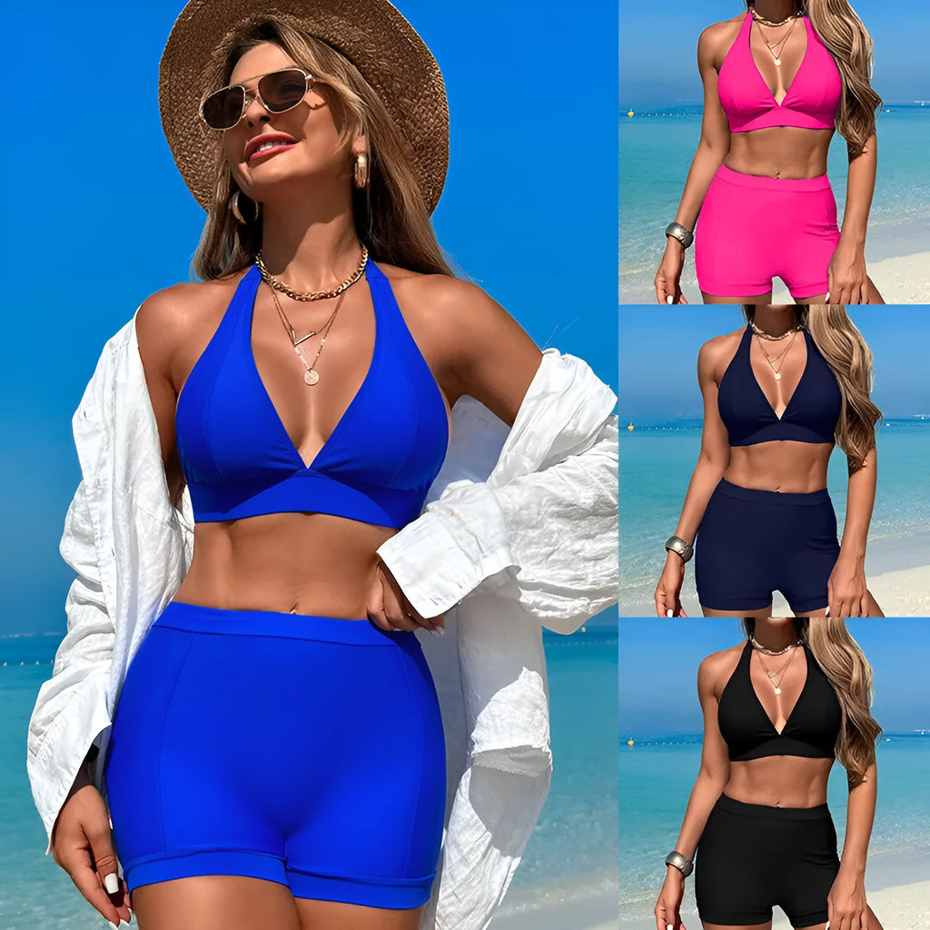 Women's black split bikini swimsuit on a mannequin, showing front and back views.