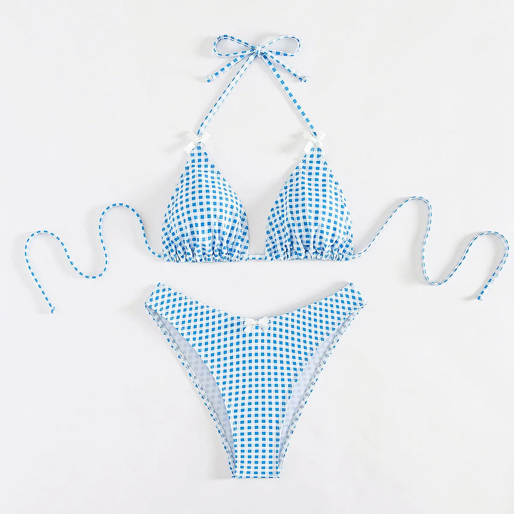 Women's plaid banded bikini swimsuit set with top and briefs in polyester