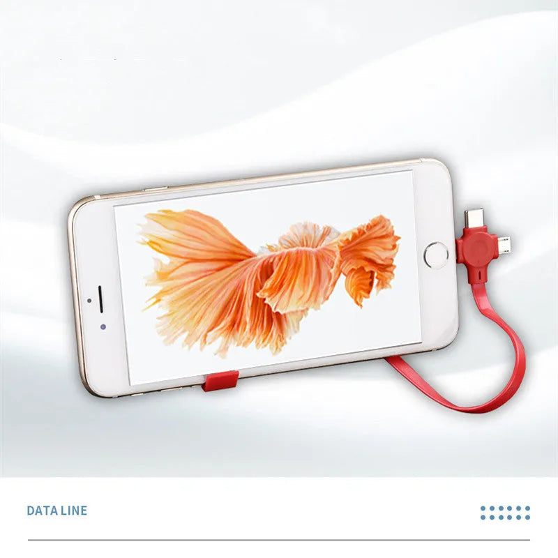 Macaron telescopic bracket three-in-one charging cable with USB, iPhone, and Micro USB connectors extended