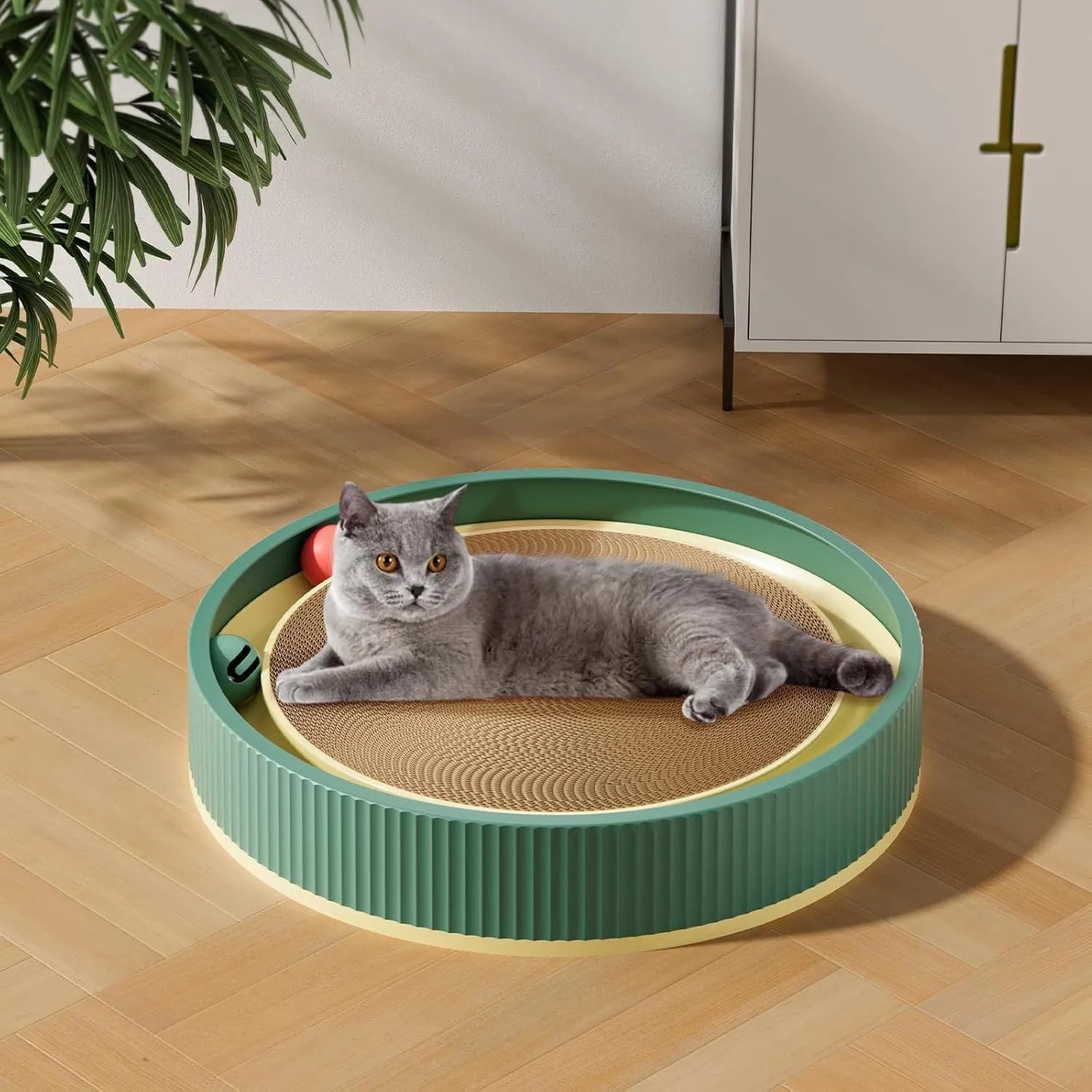 Large green circular cat scratching board with bell balls and replaceable cardboard core
