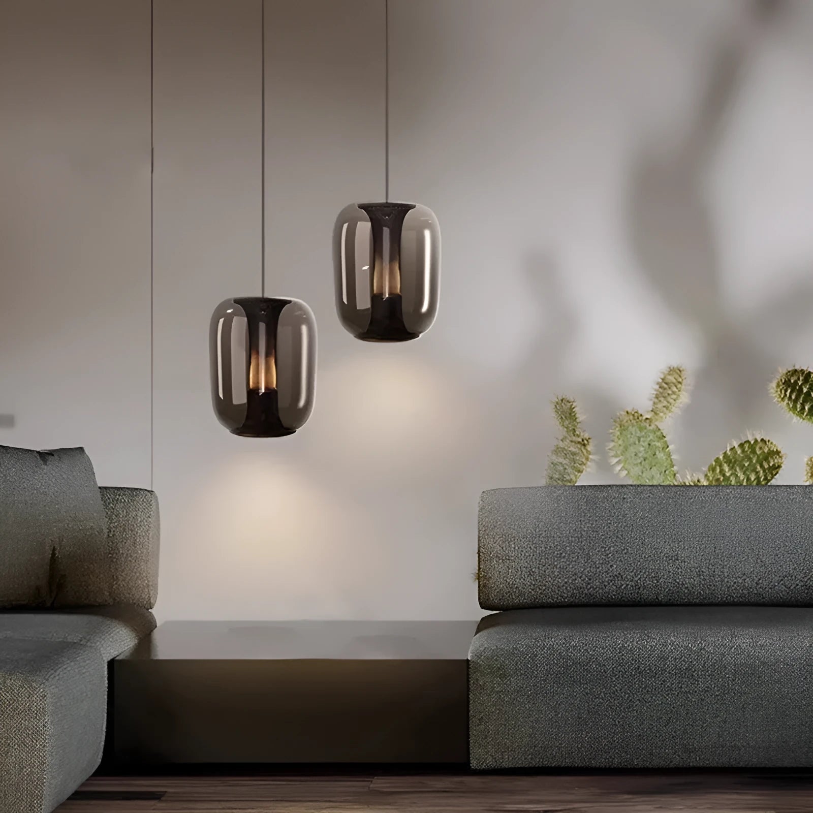 Nordic minimalist ceiling chandelier in transparent, cognac, or smoky grey, 16cm diameter.