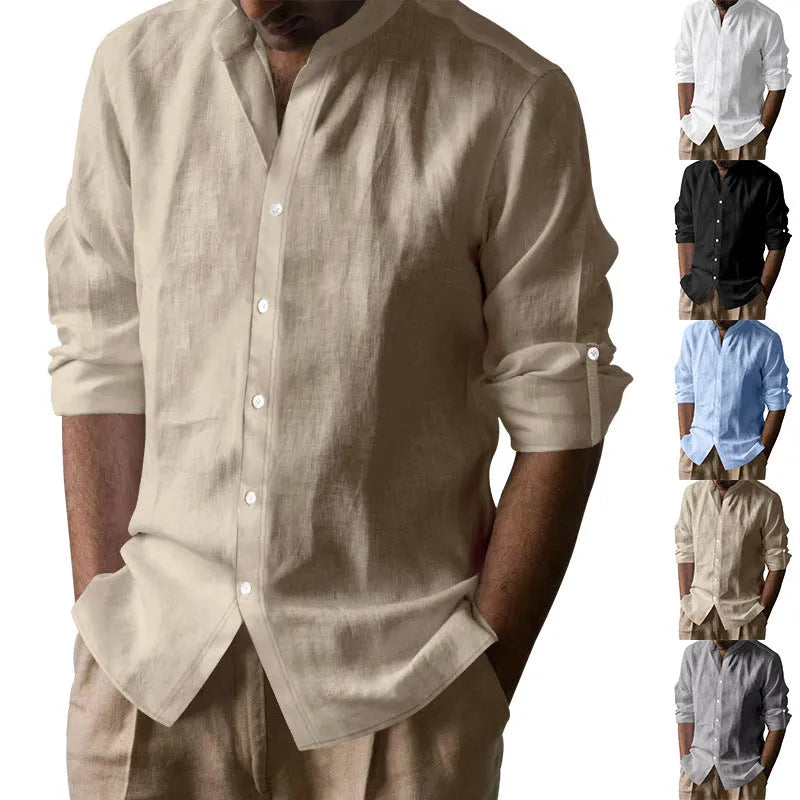 Men's cotton blend long sleeve stand collar shirt in solid colour, slim fit, shown in Khaki