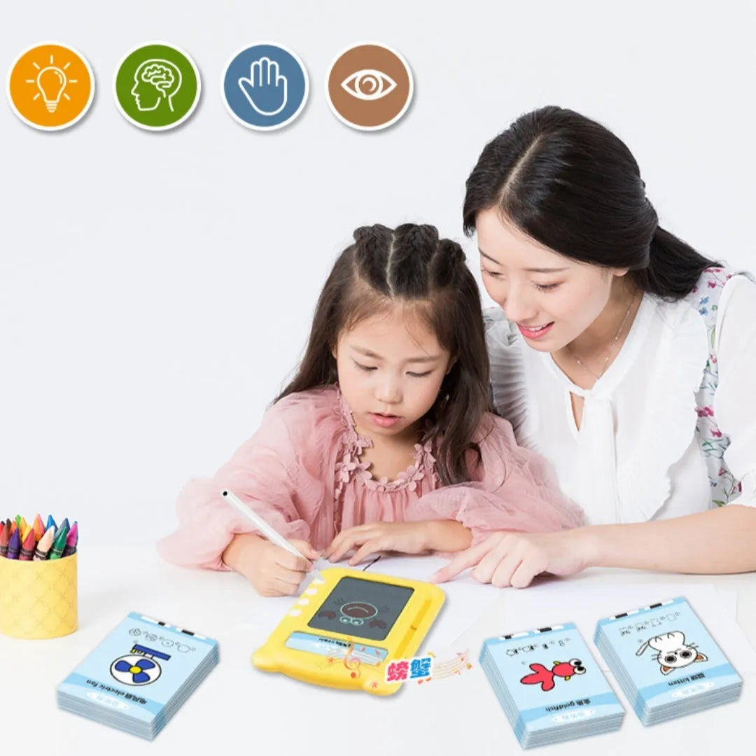 Yellow ABS plastic stick figure early learning machine with educational cards