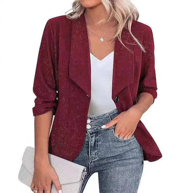 Slim-fitting women's cardigan jacket in black, white, or wine red.