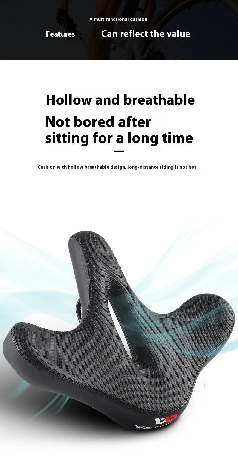 Black leather bicycle seat cushion with thick foam padding for shock absorption.