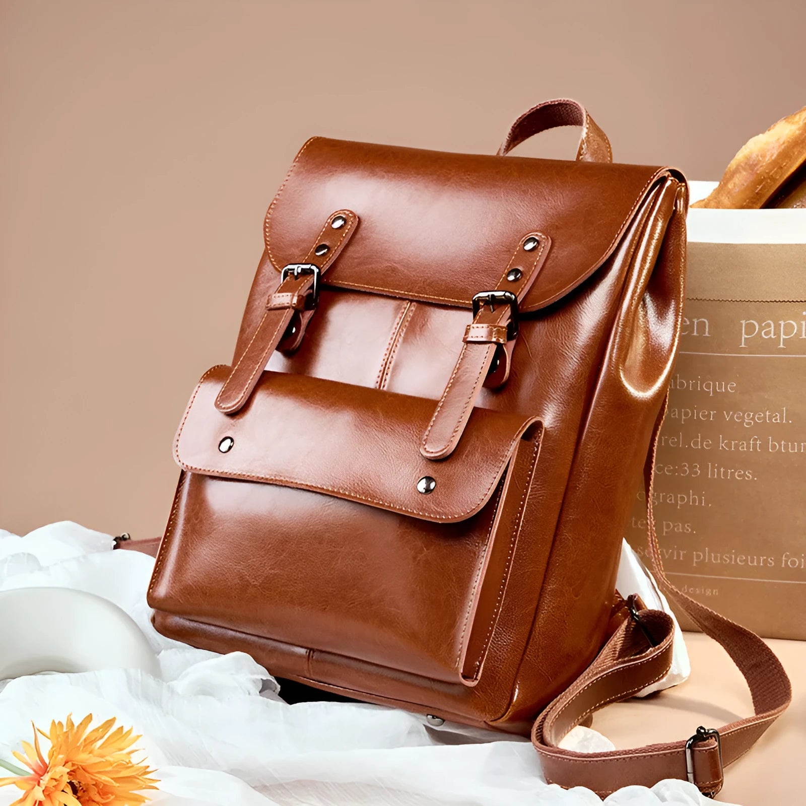 Women's leather computer backpack in black made from two-layer cowhide with hard structure