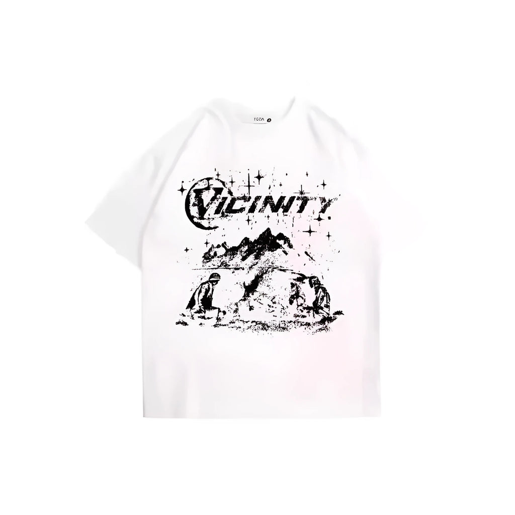 Men's grey hip hop graphic print t-shirt on a hanger, showing retro design on polyester fabric.