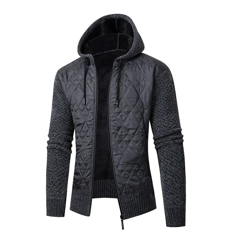 Men's grey hooded corduroy cardigan coat with a cinched waist, shown on a model.