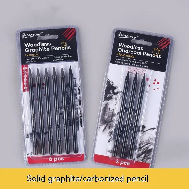 Set of nine wooden drawing pencils, six graphite and three carbonized, on a suction card.