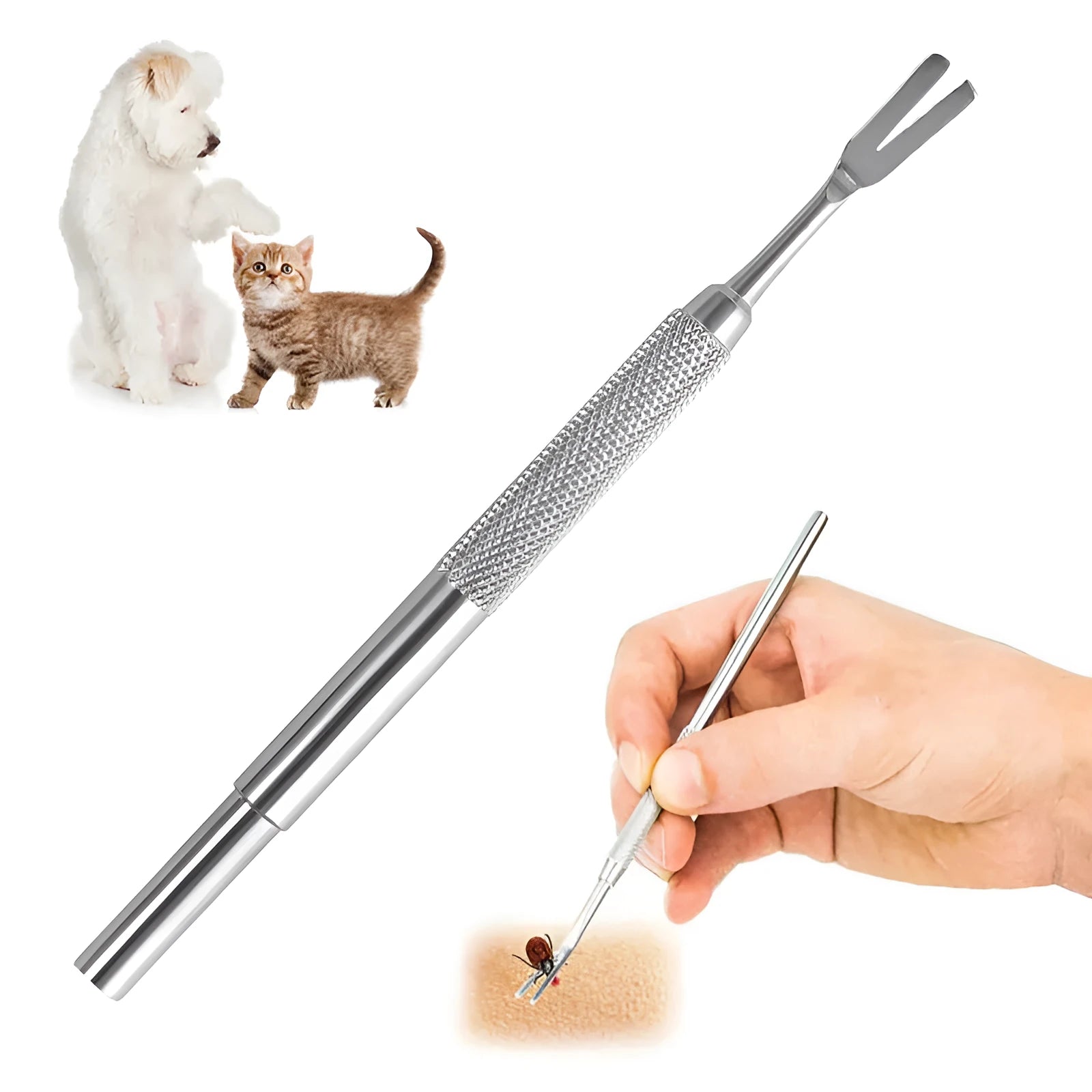 Silver stainless steel tick removal tweezers for cats and dogs