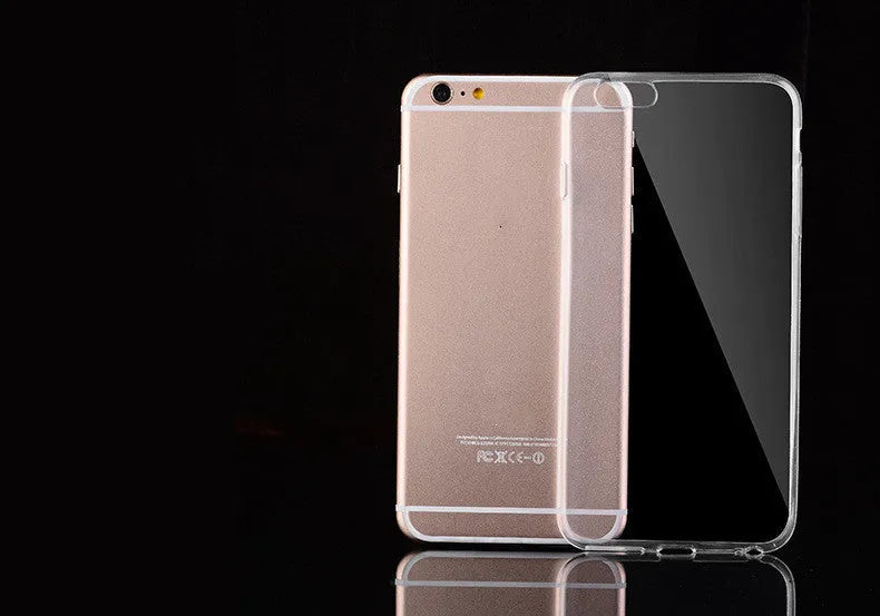 Transparent soft TPU case on an iPhone, showing the phone's screen and colour through the clear material.
