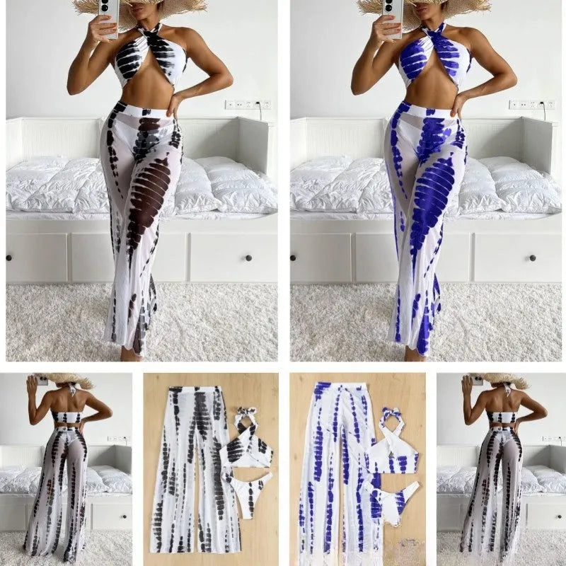 Women's three-piece swimsuit bikini set with mesh trousers in black or blue printing