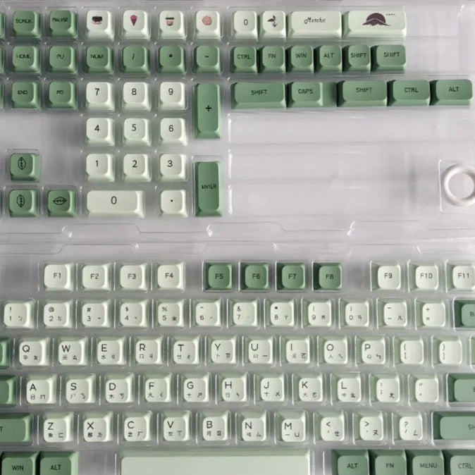 124-key matcha green PBT keycap set showing multiple international language layouts including Arabic and Korean.