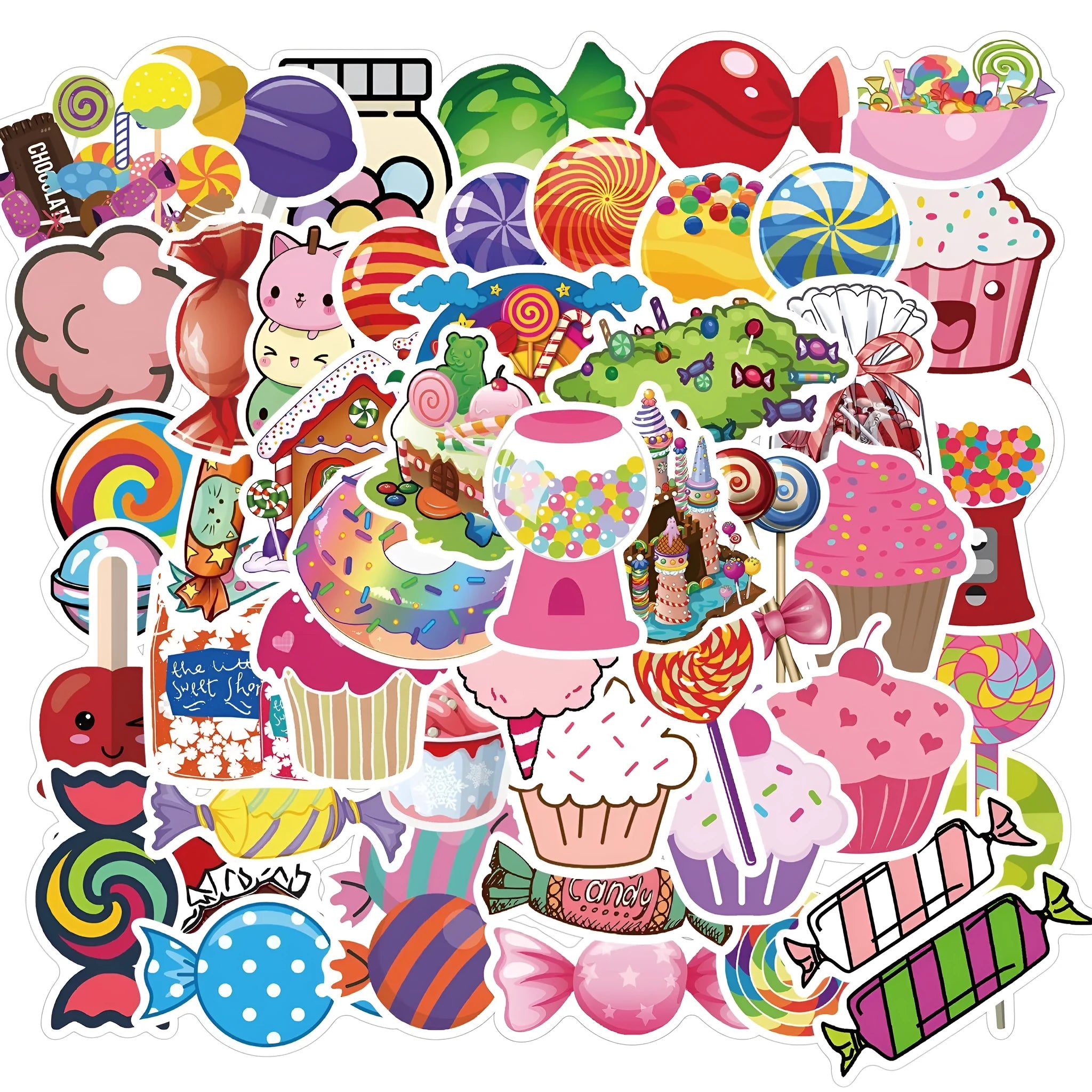 Candy series graffiti colour adhesive stickers pack with cartoon cute designs, 50 sheets each 4-6cm
