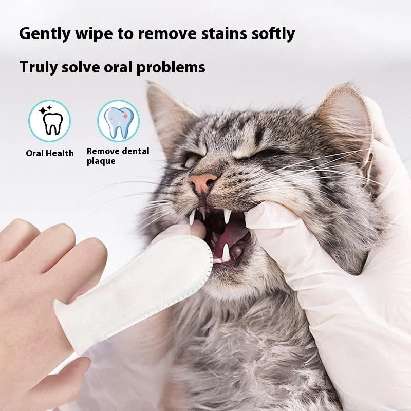 Pack of 50 soft non-woven fabric finger stalls for cleaning cat and dog teeth.