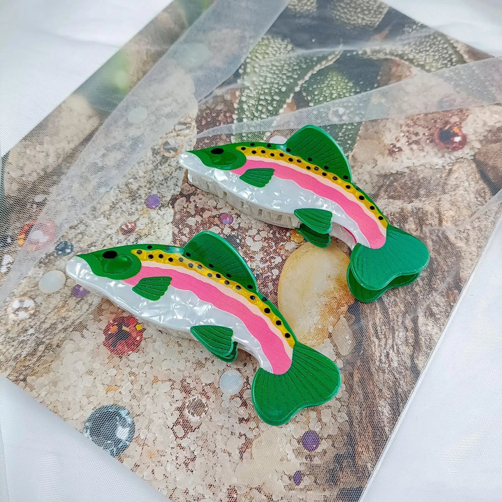 Dark green hair clip with detailed rainbow trout print on PVC material for marine enthusiasts