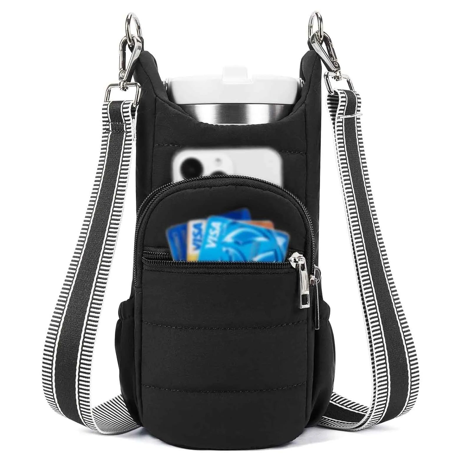 Cloth water bottle holder bag for bicycles in beige, black, and pink colour options.