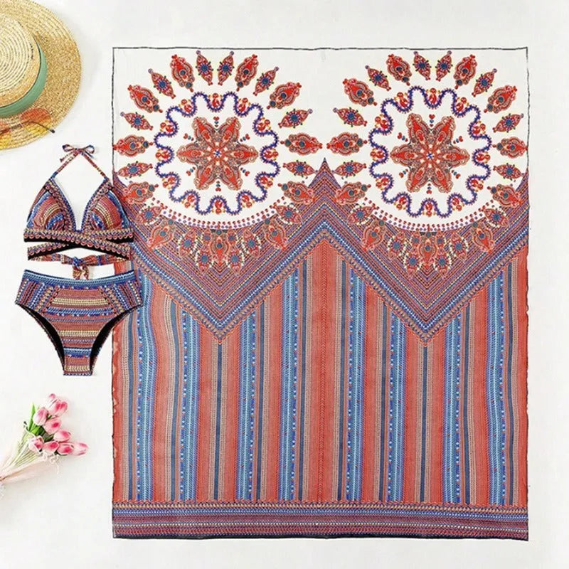 Women's three-piece swimsuit set with high-waist briefs, cutout blouse, and a coat.