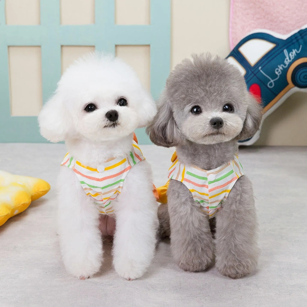 Orange red and yellow striped patchwork cotton skirt for dogs, shown in casual style.
