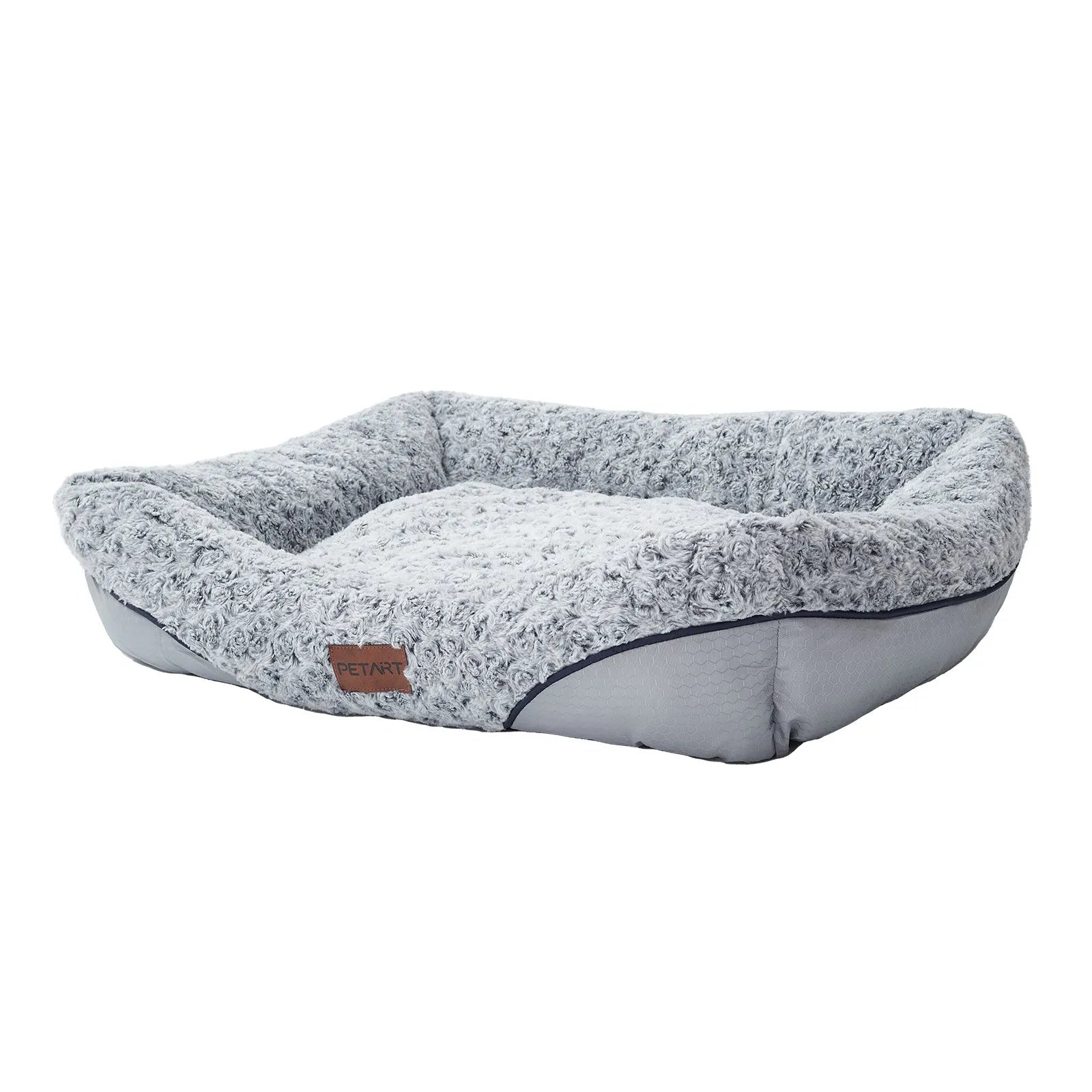 Swirl Rose Velvet dog bed with raised rim and removable cushion on a floor, size option S, M, or L.