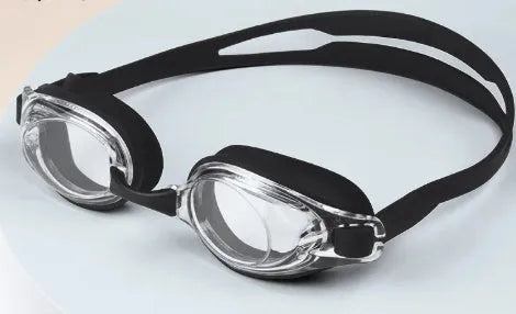 Black myopia swimming goggles with case for 200-600 degree vision correction.
