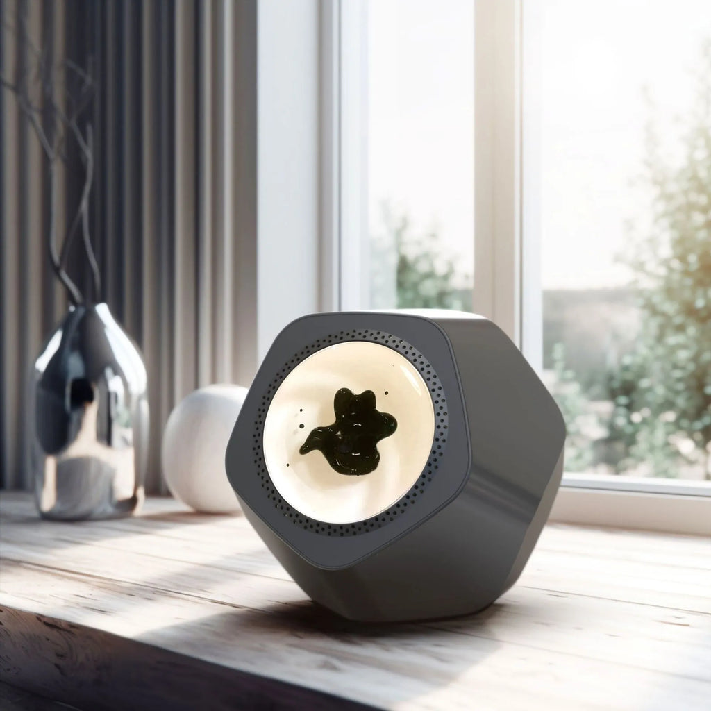 Floating magnetic fluid audio ornament Bluetooth speaker in black with magnetic patterns visible