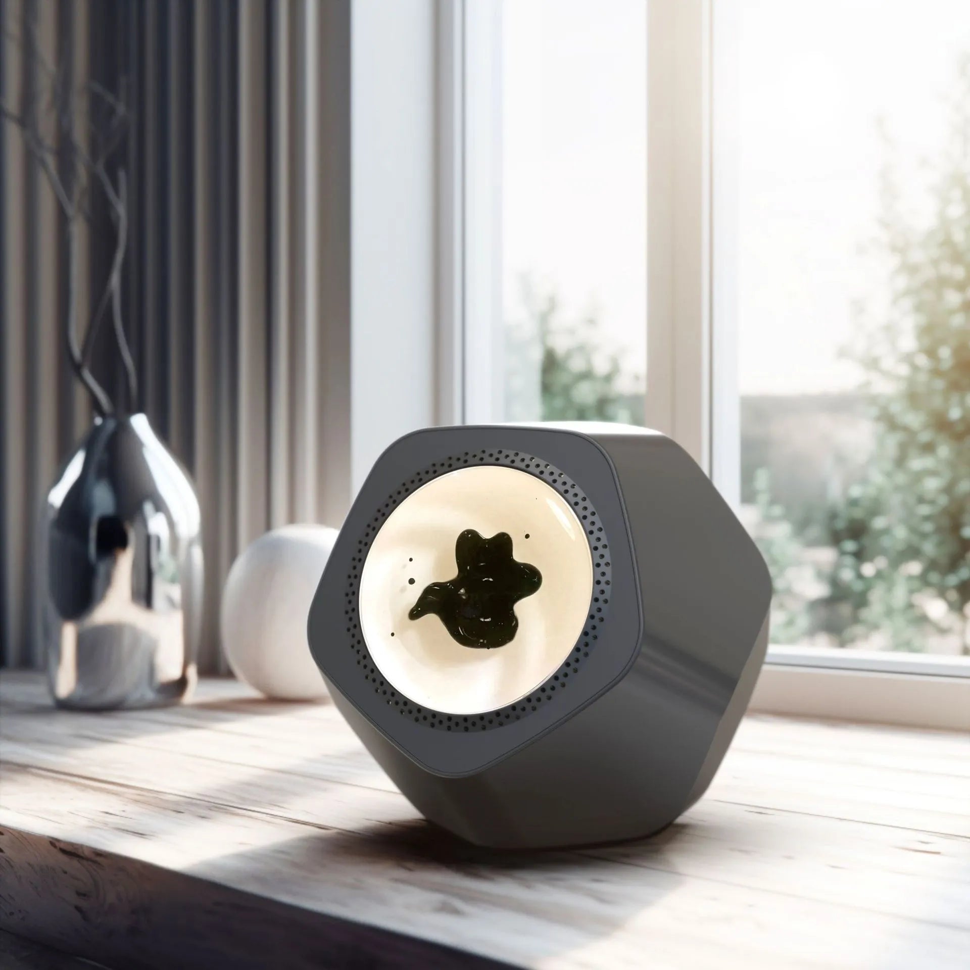 Floating magnetic fluid audio ornament Bluetooth speaker in black with magnetic patterns visible