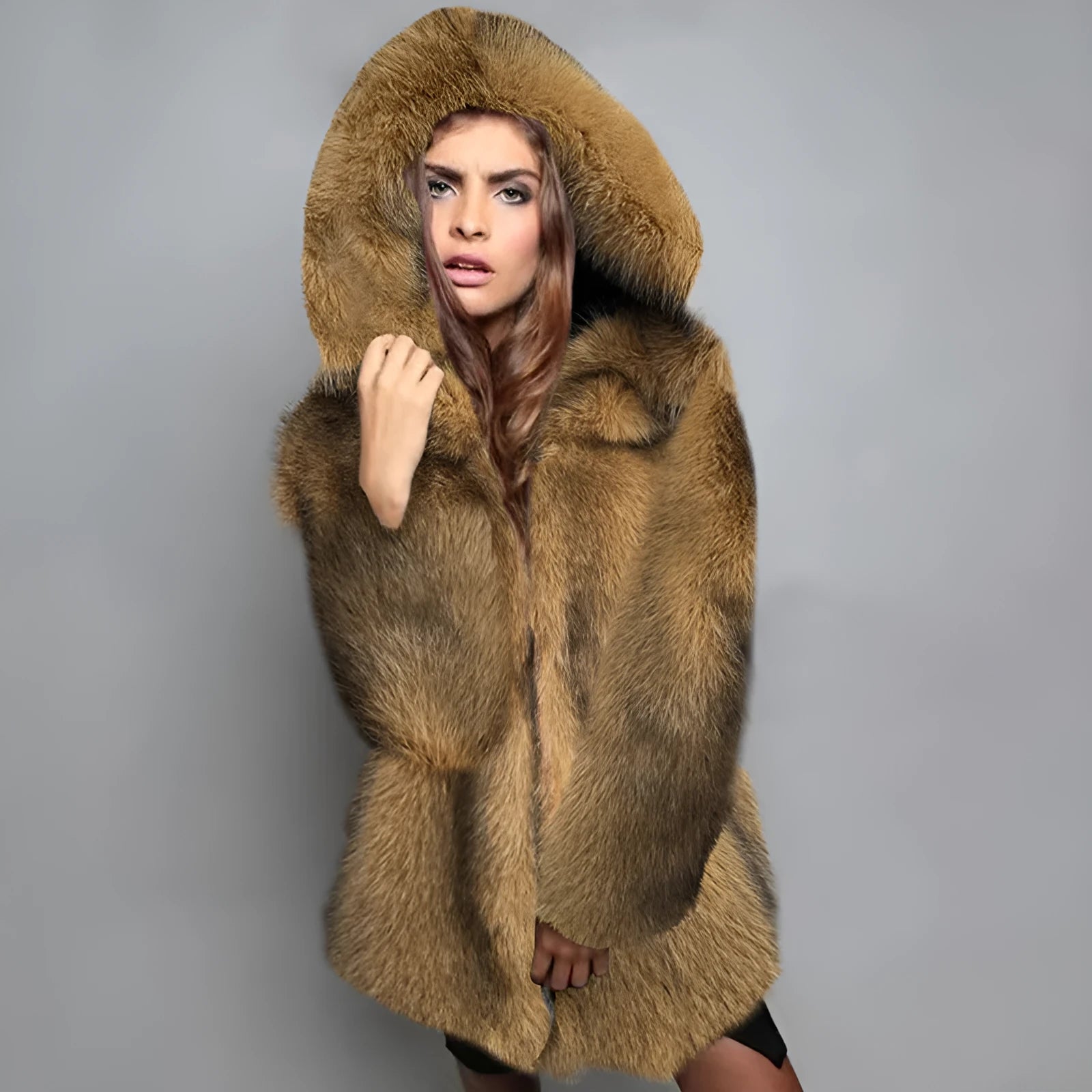 Silver grey loose-fitting artificial fur coat for women, mid-length style.
