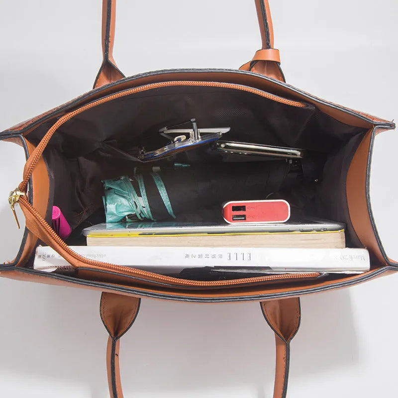 Women's three-piece PU leather handbag set with crocodile pattern in horizontal square design