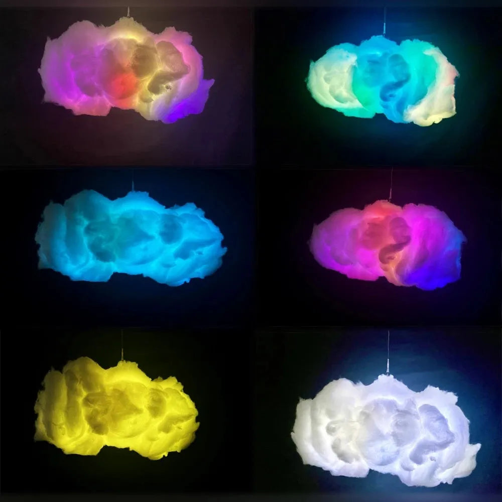 White fabric cloud pendant lamp with multi-colour RGBIC LED lighting and a USB cable.