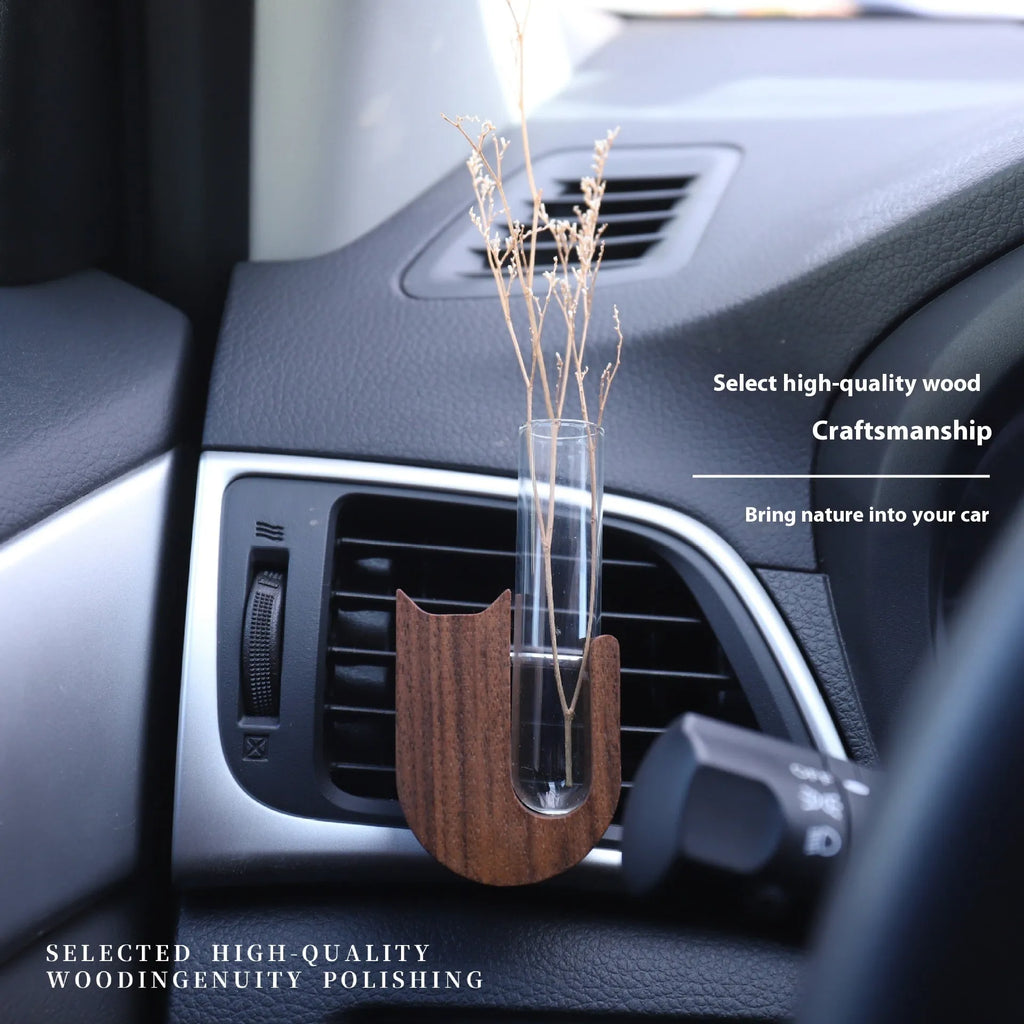 Wooden car vent decorative vase with clip, beech wood cat-shaped design on air vent