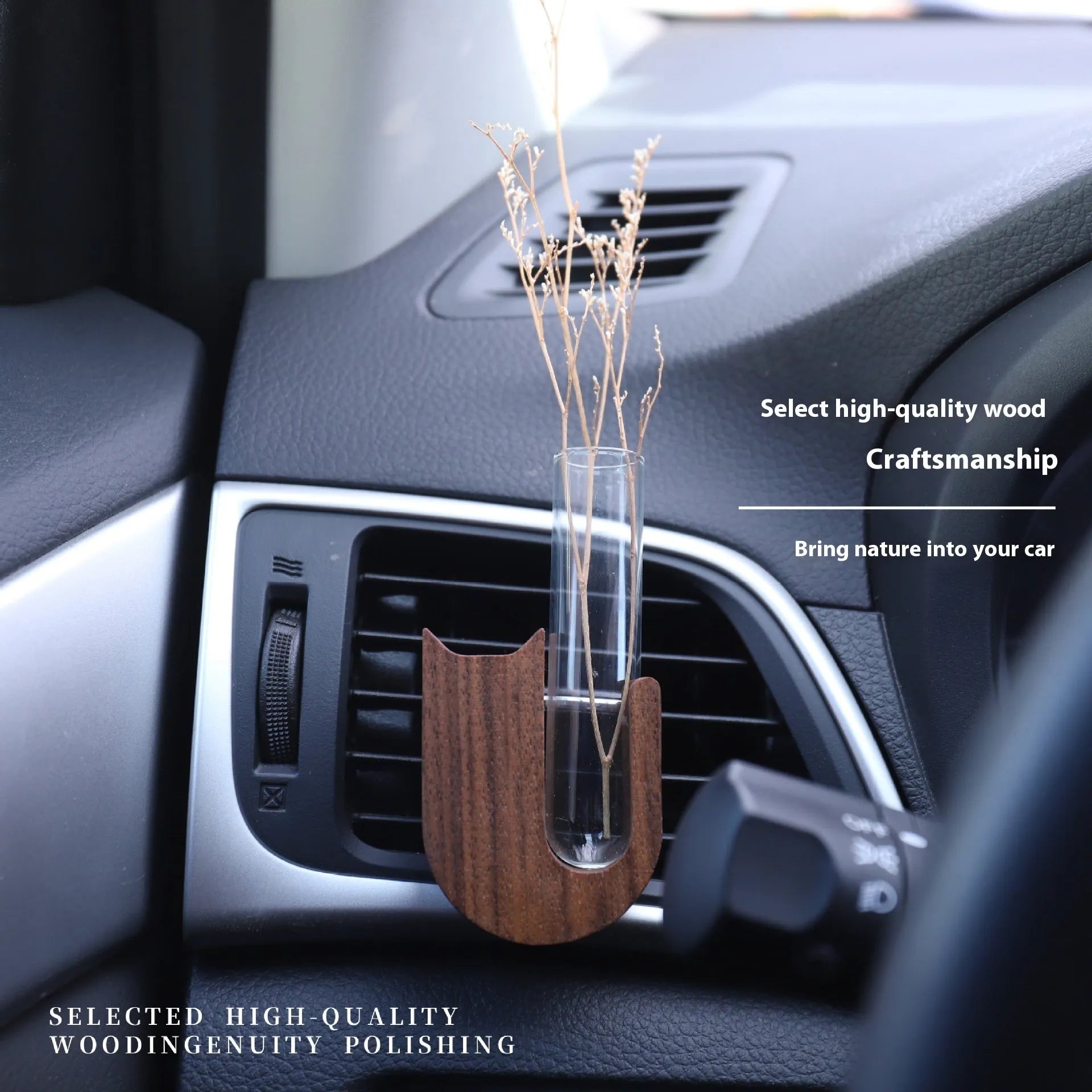 Wooden car vent decorative vase with clip, beech wood cat-shaped design on air vent
